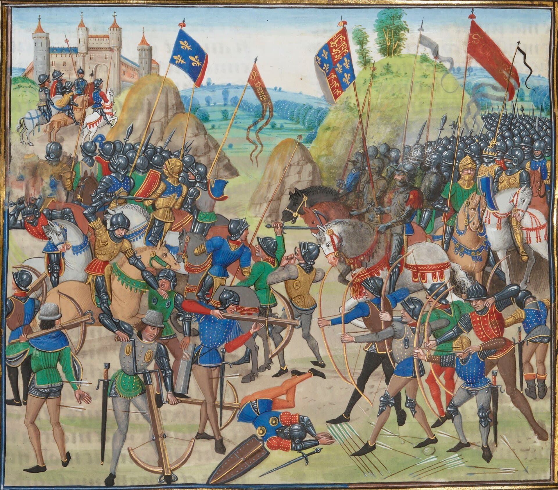 Battle of Crécy manuscript illustration from Froissart Chronicles showing early use of cannon in medieval warfare