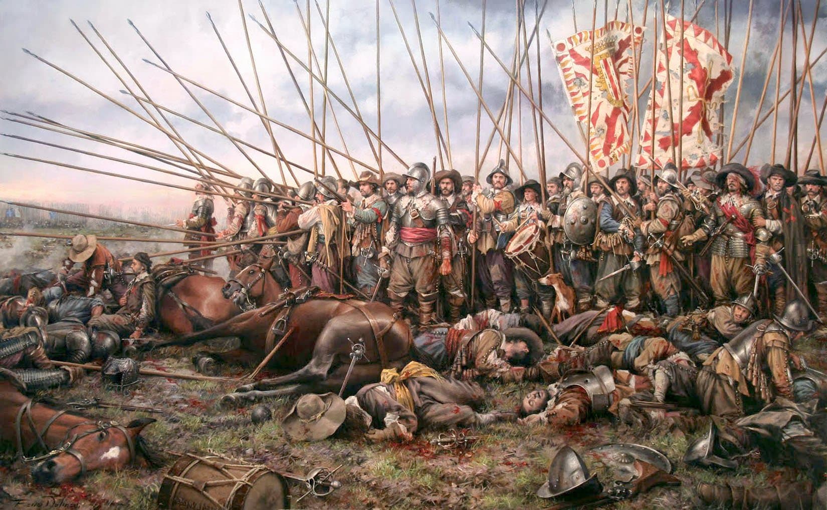 Battle of Rocroi painting by Augusto Ferrer-Dalmau depicting 17th-century infantry with muskets
