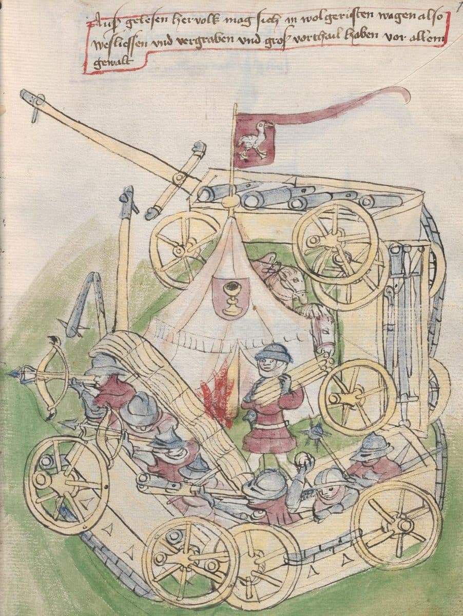 Hussite war wagon illustration from a 15th-century manuscript on the art of war