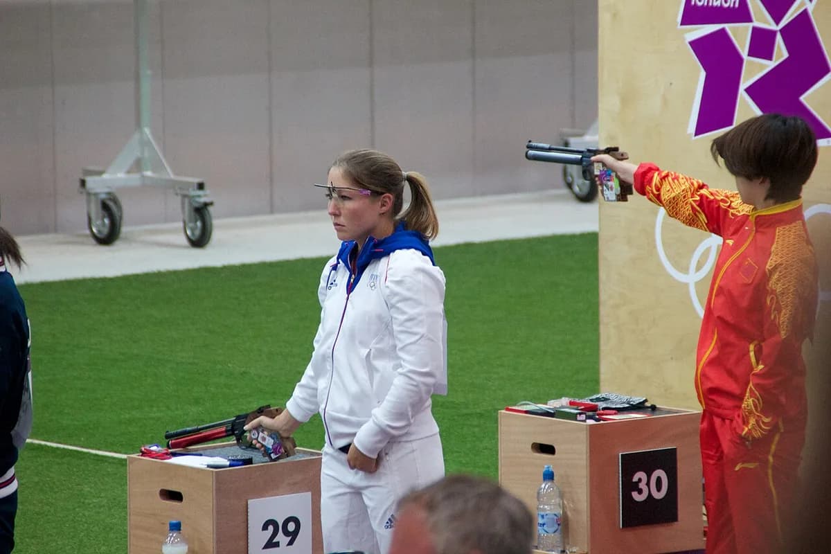 Céline Goberville during air pistol qualification at 2012 London Olympics